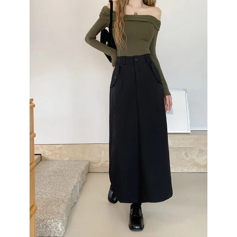 Casual Full Length Side Pocket Loose Skirts With Belt